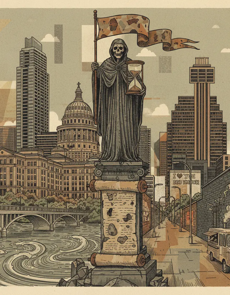 Editorial illustration: MANOR ISD REMINDS US THAT MORTALITY IS UNDEFEATED