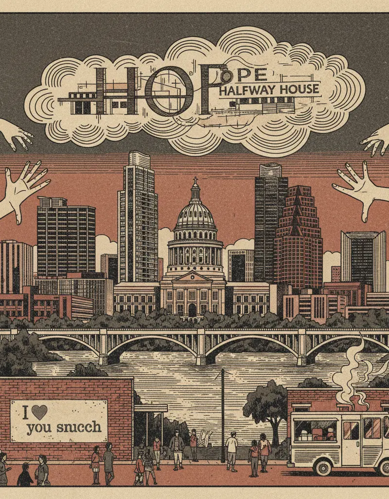 Editorial illustration: AUSTIN CITY COUNCIL CONSIDERS EXPANDING CAMP ESPERANZA: HOPE OR HALFWAY HOUSE?