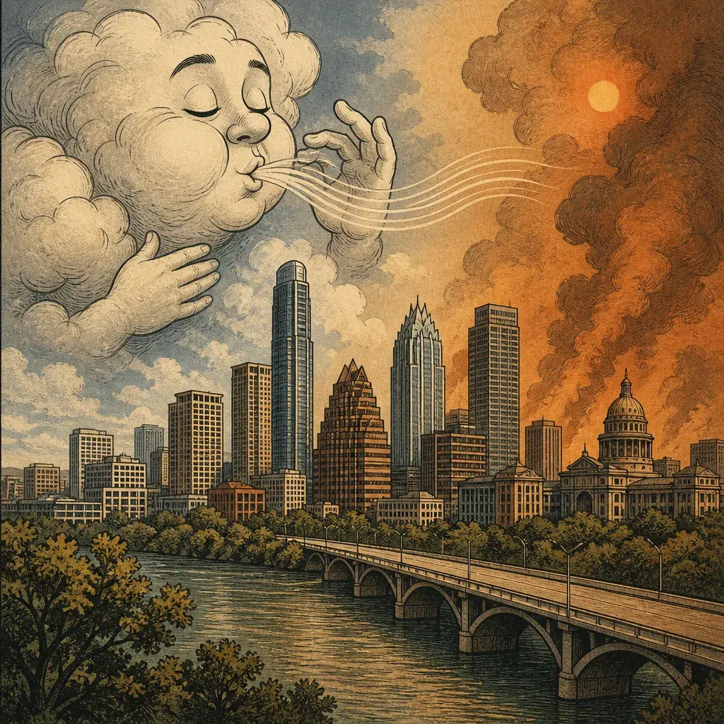 Editorial illustration: THE ATMOSPHERE TOOK A BREATH, THEN REMEMBERED IT OWES RENT: DRIER AIR BEHIND A FRONT, BUT HEAT AND WILDFIRE SMOKE KEEP SKIES HAZY