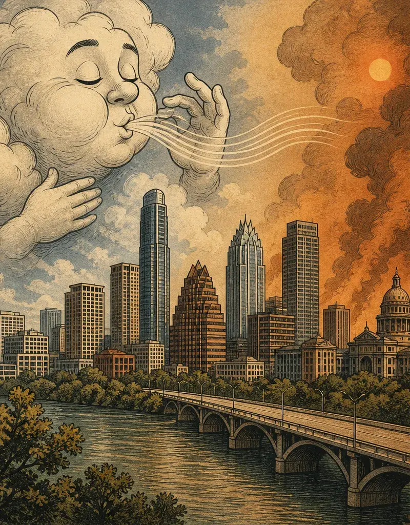 Editorial illustration: THE ATMOSPHERE TOOK A BREATH, THEN REMEMBERED IT OWES RENT: DRIER AIR BEHIND A FRONT, BUT HEAT AND WILDFIRE SMOKE KEEP SKIES HAZY