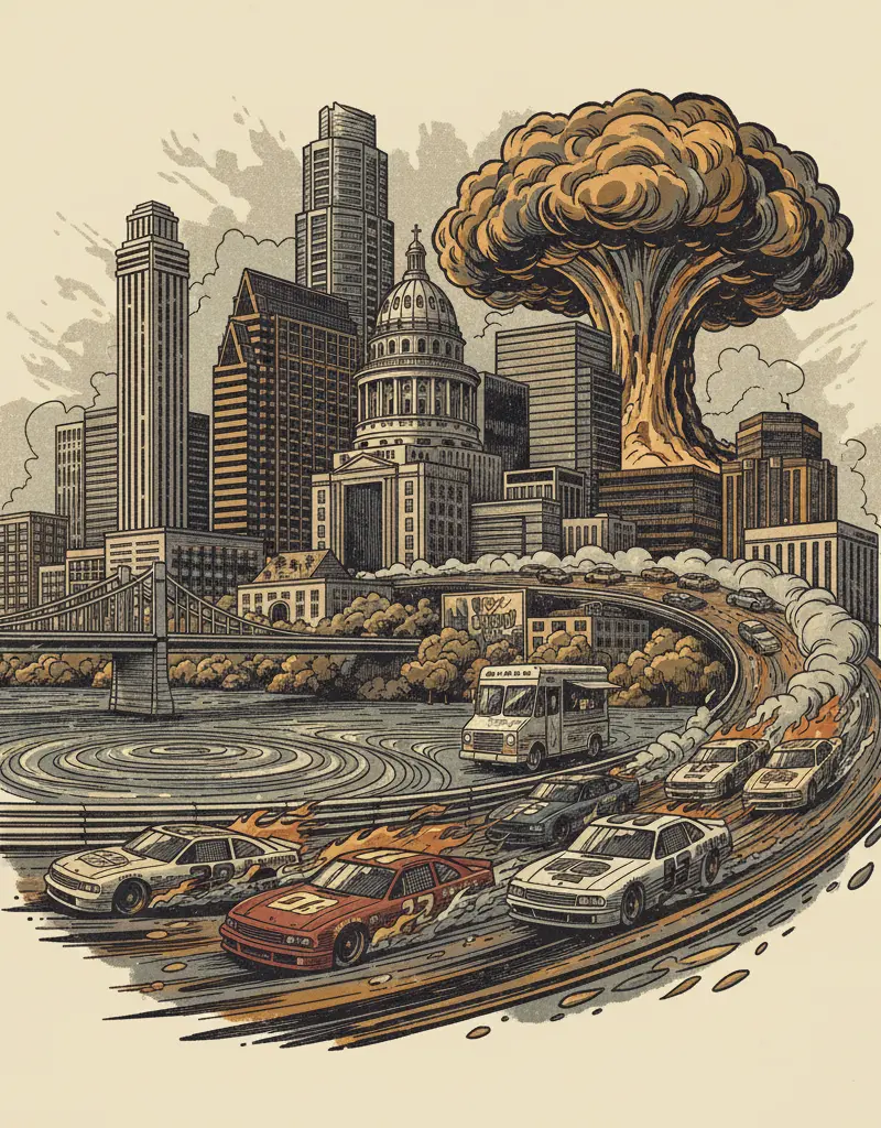 Editorial illustration: NASCAR INVADES COTA: A CELEBRATION OF NOISE, SPEED, AND THE IMPENDING APOCALYPSE