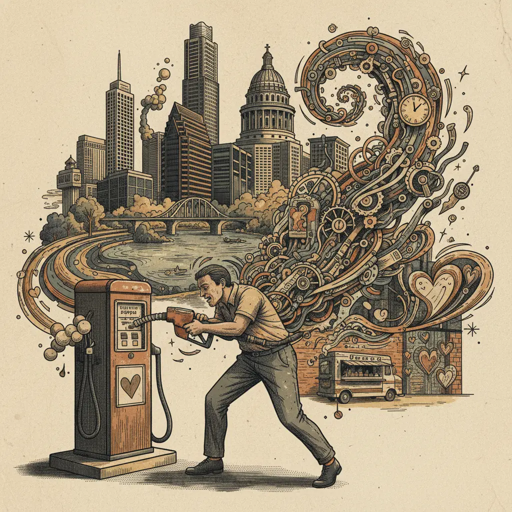 Editorial illustration: STOP TRYING TO OPTIMIZE FILLING UP YOUR GAS TANK