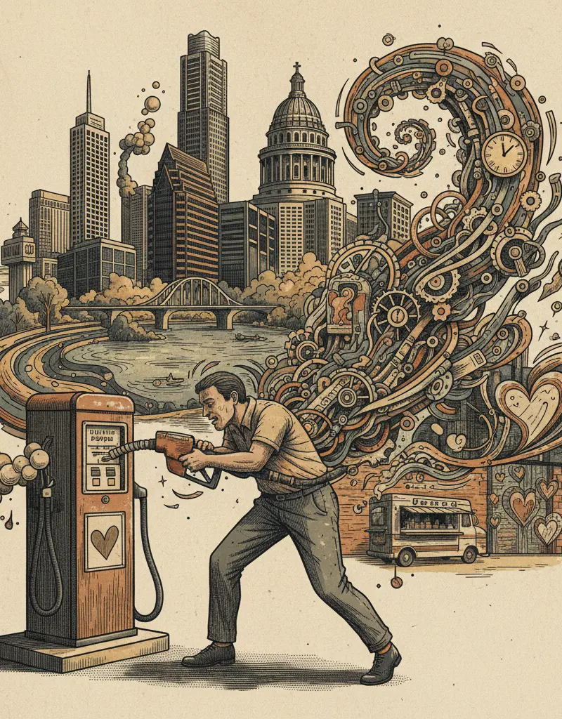 Editorial illustration: STOP TRYING TO OPTIMIZE FILLING UP YOUR GAS TANK