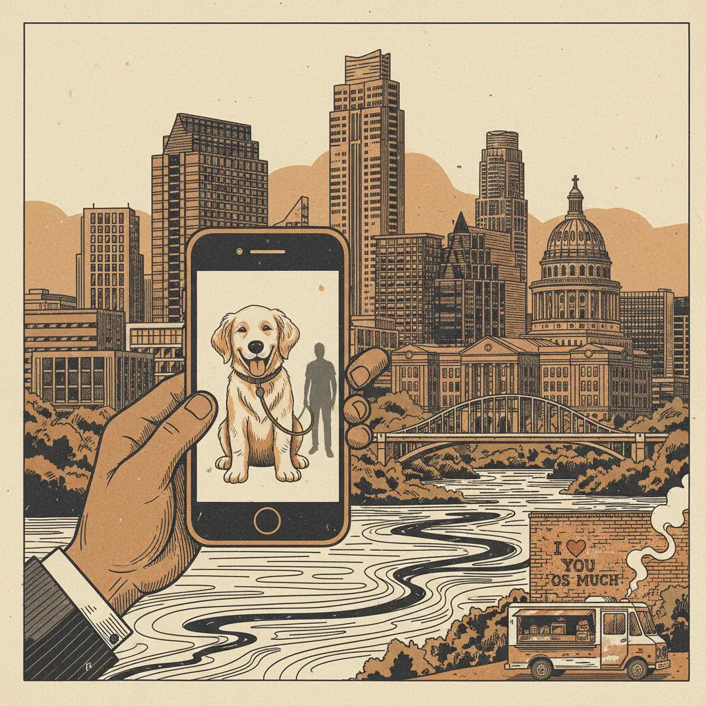 Editorial illustration: SWIPE RIGHT FOR SEROTONIN: AUSTIN DATING APP PREDICTABLY USES DOGS AS BAIT