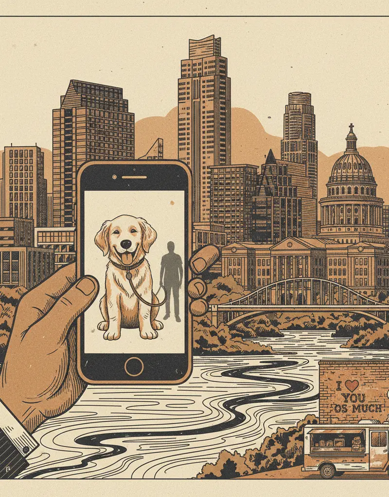 Editorial illustration: SWIPE RIGHT FOR SEROTONIN: AUSTIN DATING APP PREDICTABLY USES DOGS AS BAIT