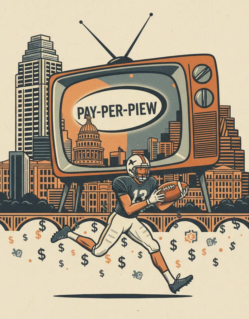 Editorial illustration: THE SUPER BOWL: A PAY-PER-VIEW EVENT FOR THE MODERN ERA