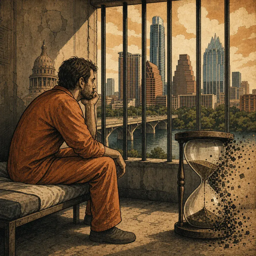Editorial illustration: HAYS COUNTY MAN GETS 25 YEARS TO PONDER THE INEVITABILITY OF ENTROPY