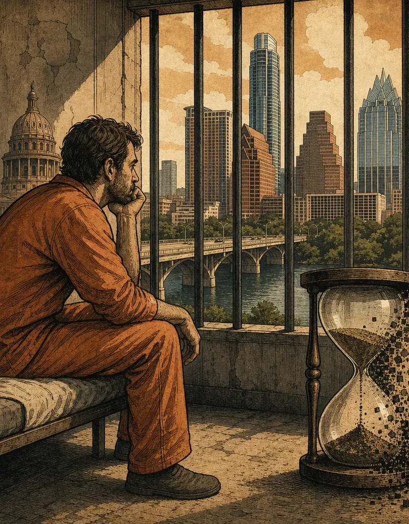 Editorial illustration: HAYS COUNTY MAN GETS 25 YEARS TO PONDER THE INEVITABILITY OF ENTROPY