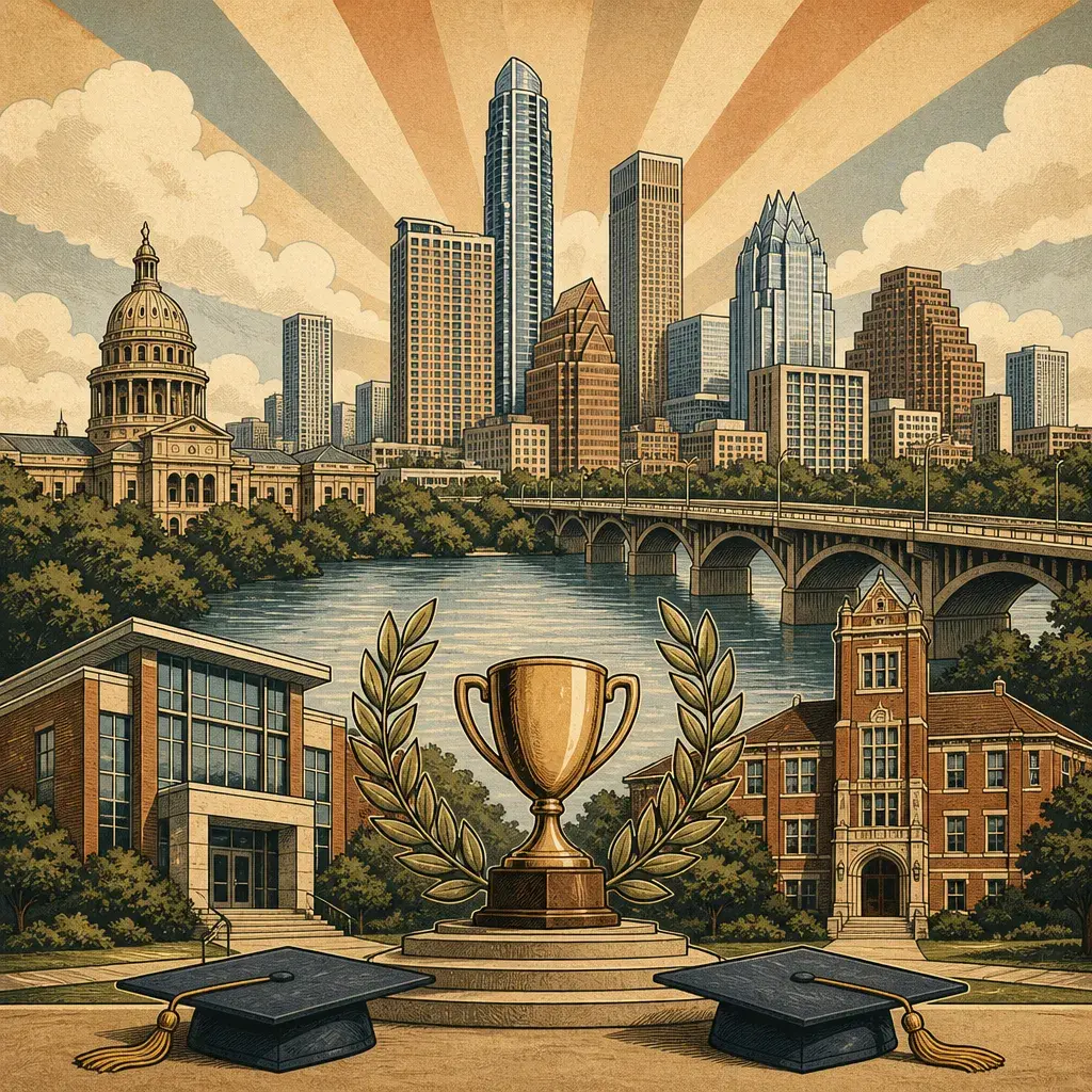 Editorial illustration: THEY MADE THE LIST — TWO AUSTIN ISD HIGH SCHOOLS LAND IN U.S. NEWS' TOP 100 FOR 2026