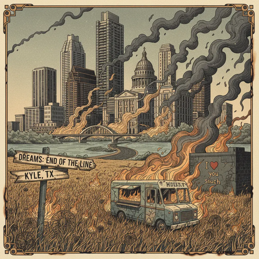 Editorial illustration: KYLE, TEXAS: WHERE DREAMS GO TO DIE (AND GRASS CATCHES FIRE)
