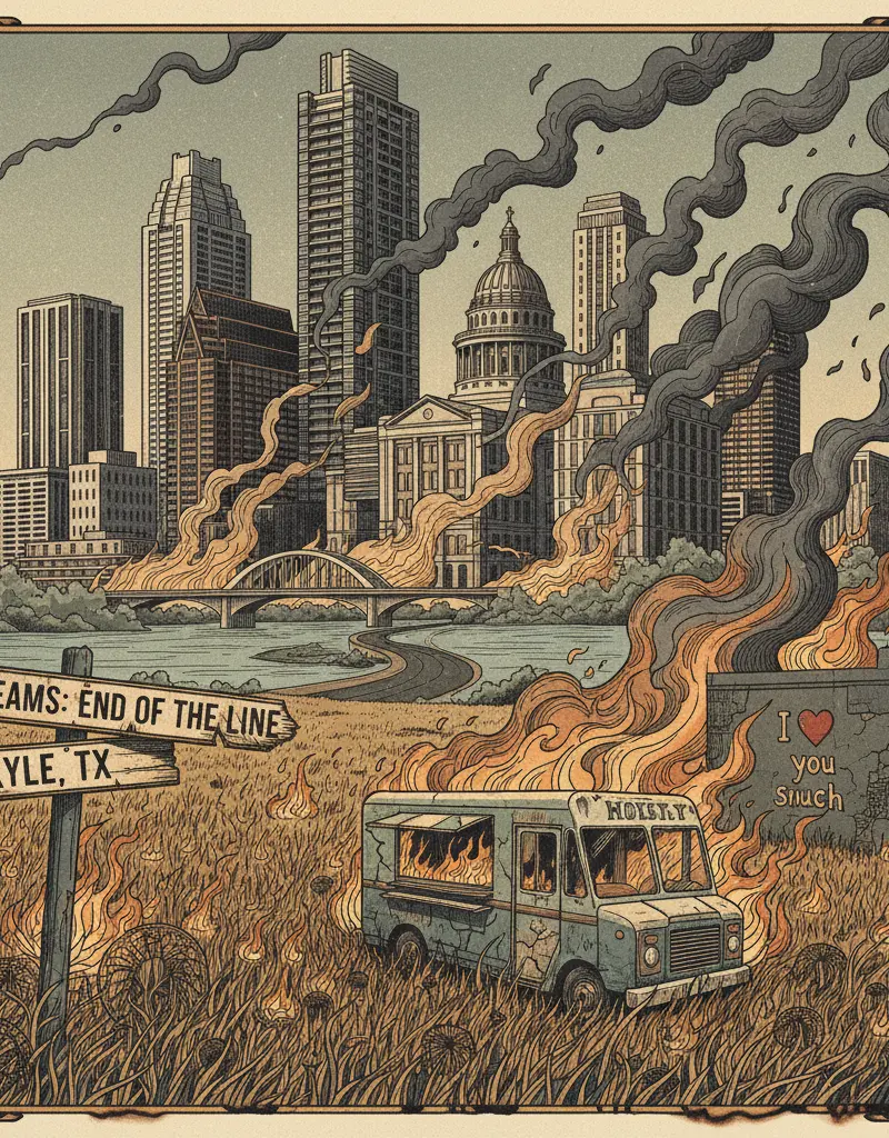 Editorial illustration: KYLE, TEXAS: WHERE DREAMS GO TO DIE (AND GRASS CATCHES FIRE)