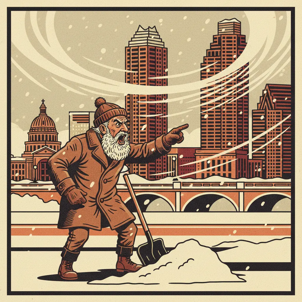 Editorial illustration: OLD MAN YELLS AT SNOW