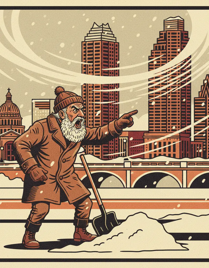 Editorial illustration: OLD MAN YELLS AT SNOW