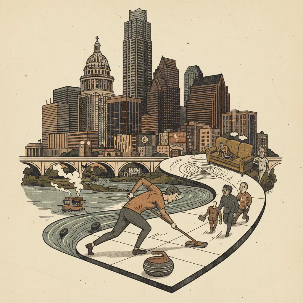 Editorial illustration: AUSTIN FINDS NEW WAYS TO AVOID THERAPY: CURLING EDITION