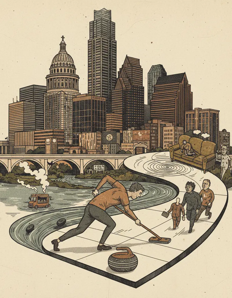 Editorial illustration: AUSTIN FINDS NEW WAYS TO AVOID THERAPY: CURLING EDITION