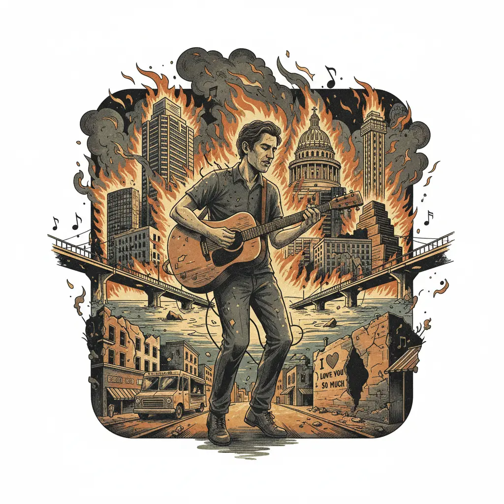 Editorial illustration: THE AUSTIN MUSIC AWARDS: CELEBRATING LOCAL TALENT WHILE THE WORLD BURNS