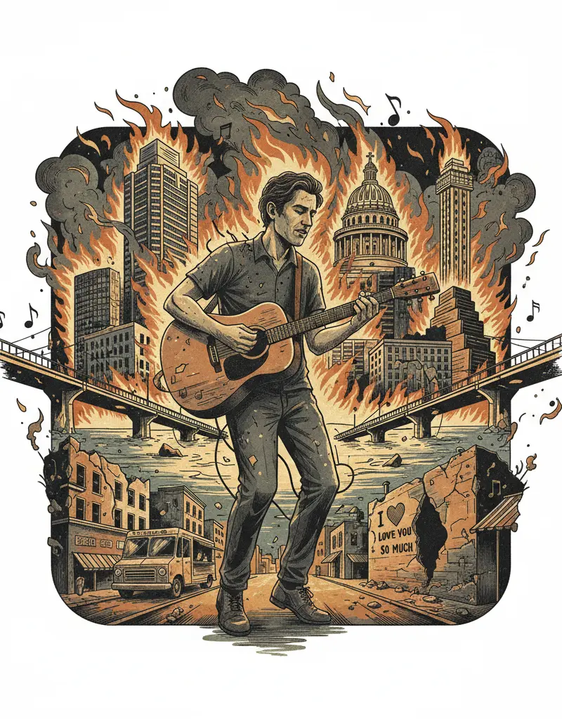 Editorial illustration: THE AUSTIN MUSIC AWARDS: CELEBRATING LOCAL TALENT WHILE THE WORLD BURNS