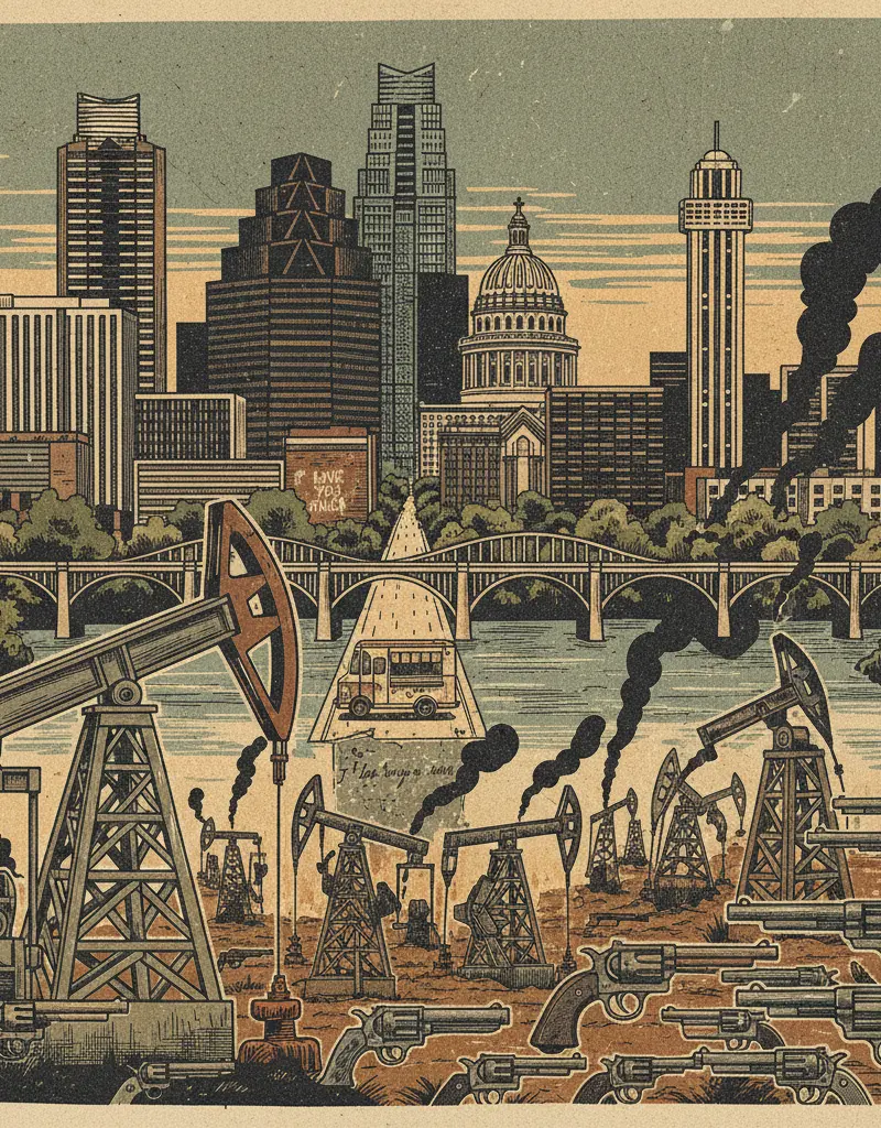 Editorial illustration: TEXAS DOUBLES DOWN ON DRILLS WHILE THE U.S. CONTINUES ITS LOVE AFFAIR WITH GUNS