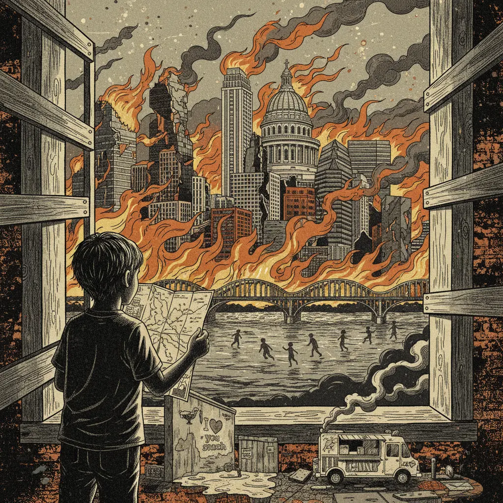 Editorial illustration: STAY INDOORS: THE WORLD IS ON FIRE AND NOW KIDS ARE MISSING