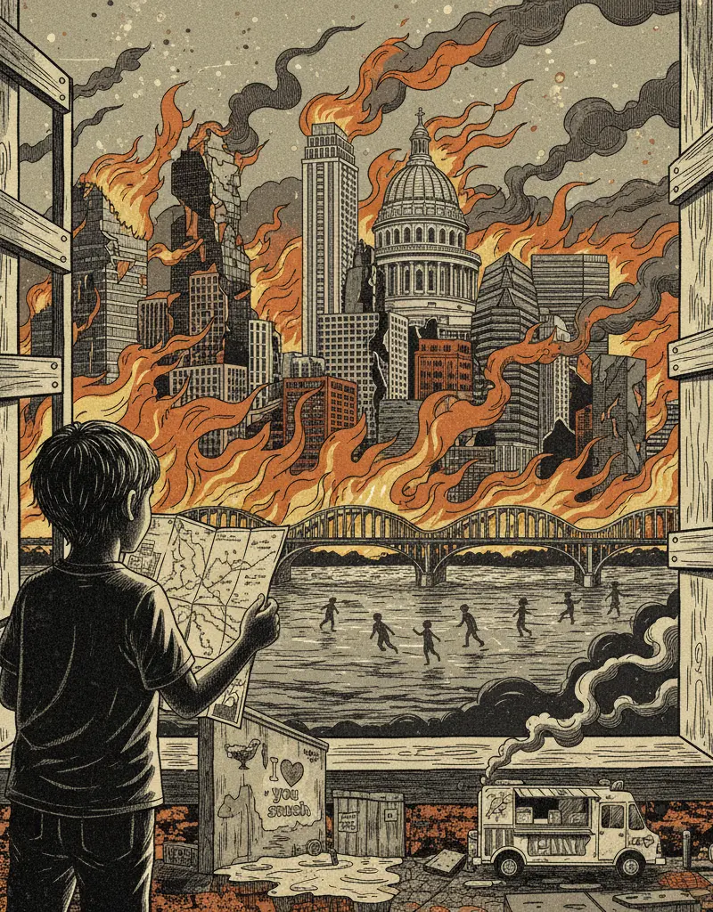 Editorial illustration: STAY INDOORS: THE WORLD IS ON FIRE AND NOW KIDS ARE MISSING
