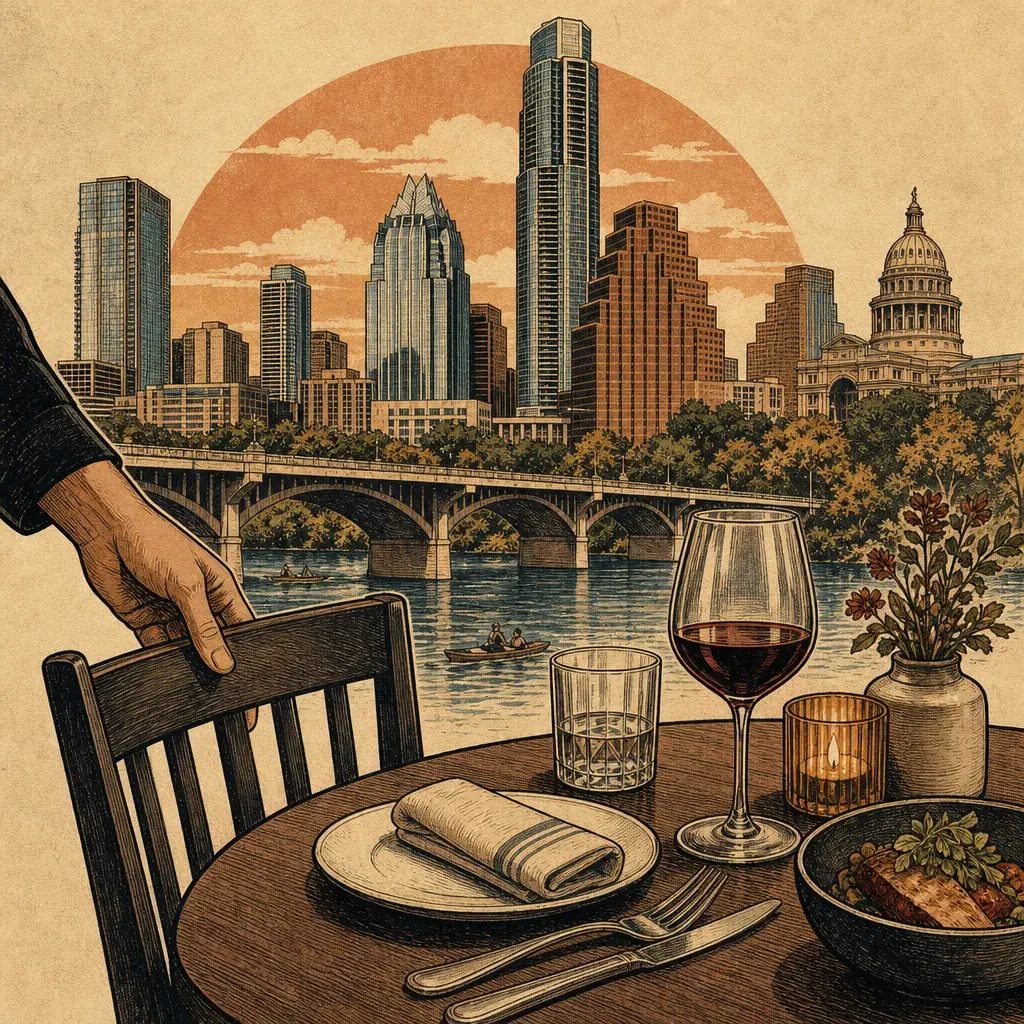 Editorial illustration: BOOK THE ROOM FOR THE TABLE, NOT THE VIEW — OPENTABLE'S TOP 100 INCLUDES DEAN'S, KAPPO KAPPO, AND LUTIE'S IN AUSTIN