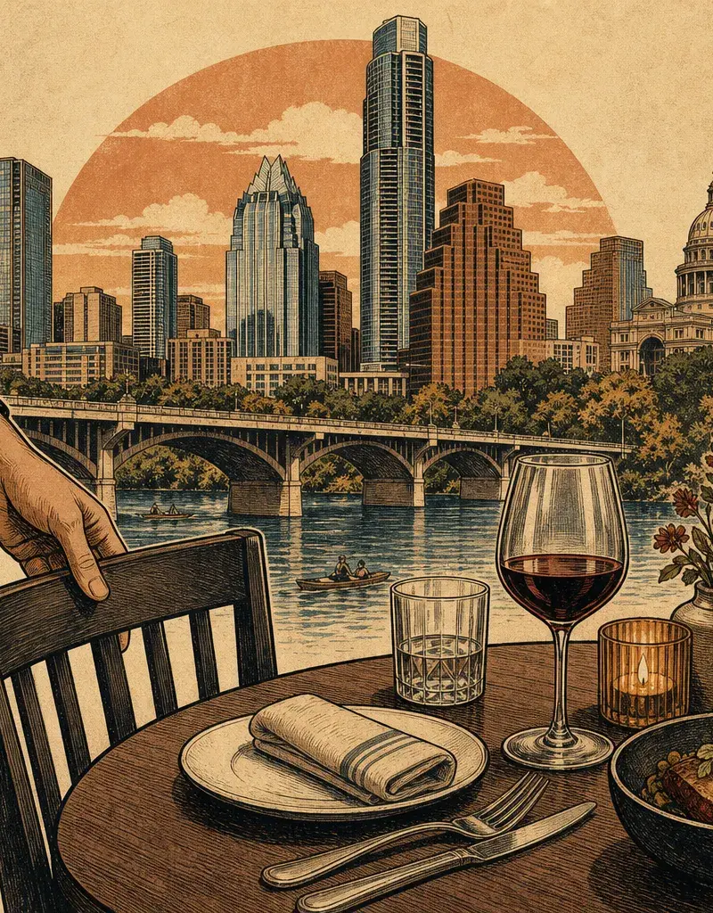 Editorial illustration: BOOK THE ROOM FOR THE TABLE, NOT THE VIEW — OPENTABLE'S TOP 100 INCLUDES DEAN'S, KAPPO KAPPO, AND LUTIE'S IN AUSTIN