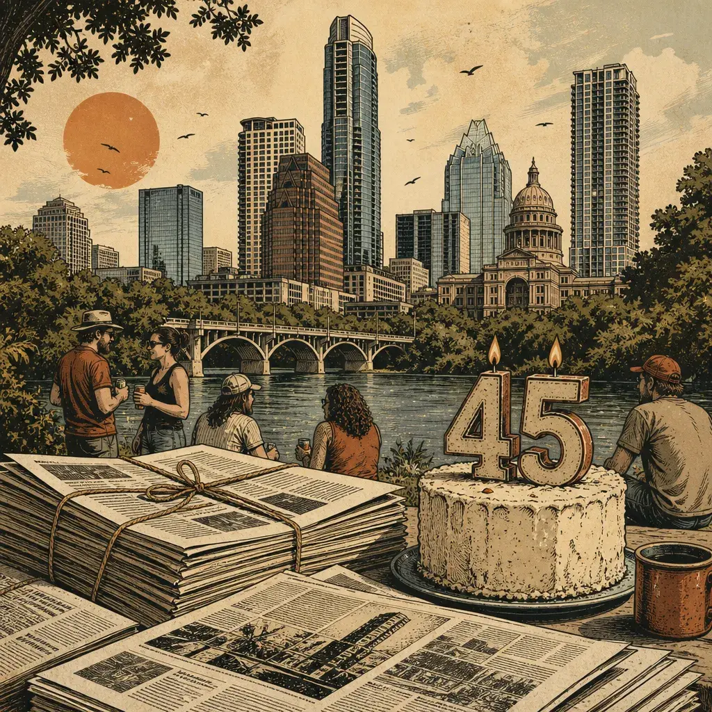 Editorial illustration: AUSTIN CHRONICLE MARKS 45 YEARS IN PRINT WITH A LOW-KEY CELEBRATION