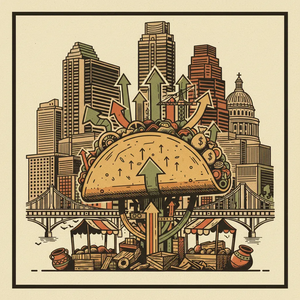 Editorial illustration: TEX-MEX TAKES OVER EL MERCADO: THE GENTRIFICATION TACO RISES AGAIN