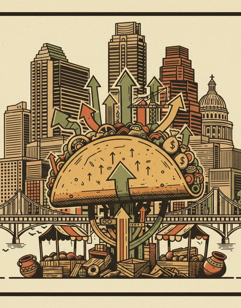 Editorial illustration: TEX-MEX TAKES OVER EL MERCADO: THE GENTRIFICATION TACO RISES AGAIN