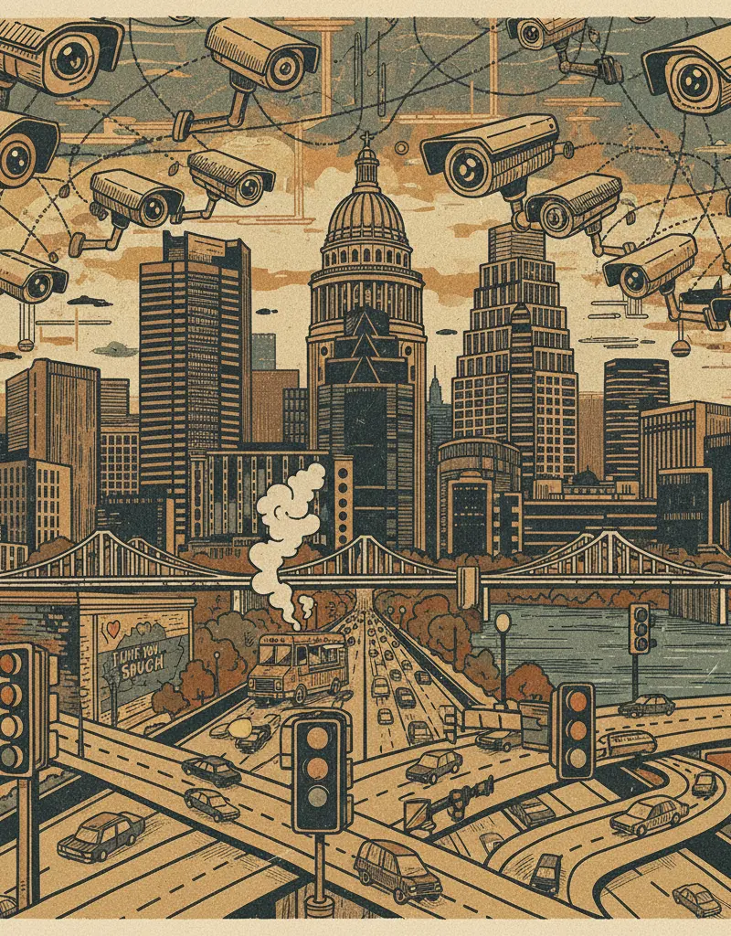 Editorial illustration: AUSTIN IS NOW UNDER CONSTANT SURVEILLANCE, BUT AT LEAST THE TRAFFIC CAMS ARE WORKING