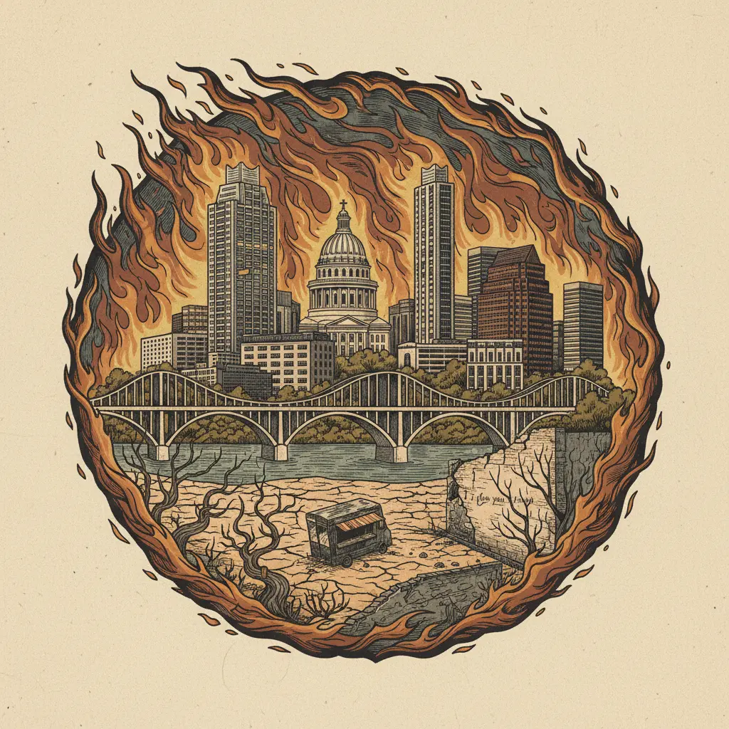 Editorial illustration: CENTRAL TEXAS OFFICIALLY A GIANT TINDERBOX; ENJOY YOUR TUESDAY