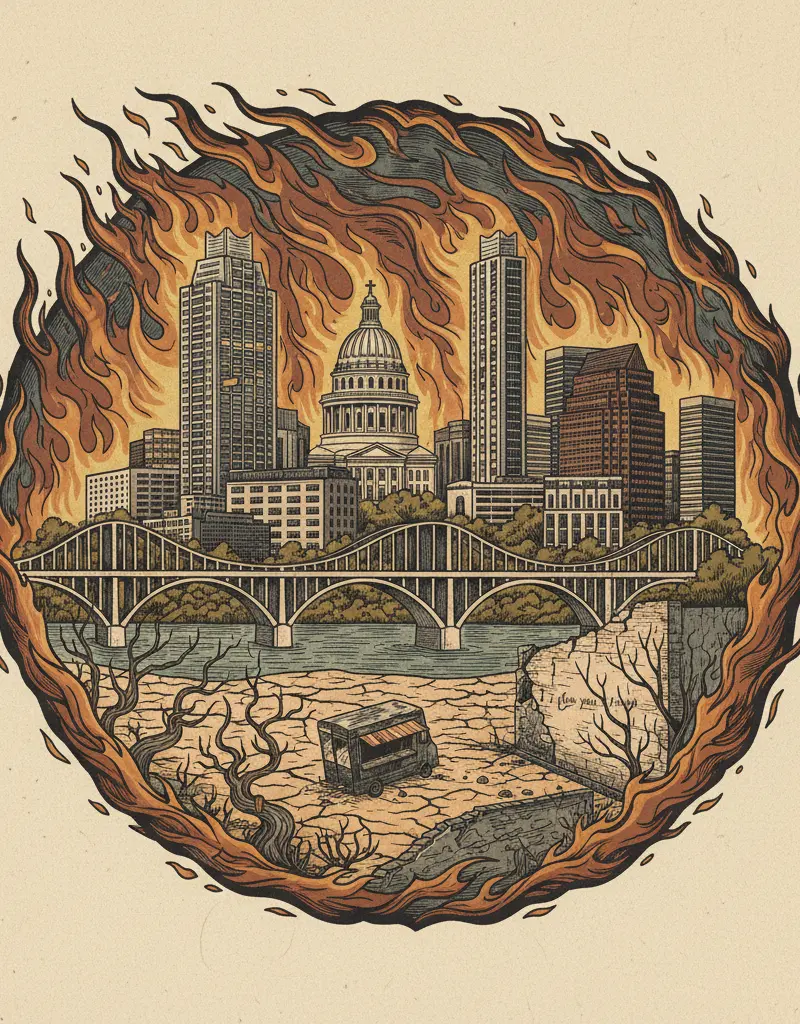 Editorial illustration: CENTRAL TEXAS OFFICIALLY A GIANT TINDERBOX; ENJOY YOUR TUESDAY