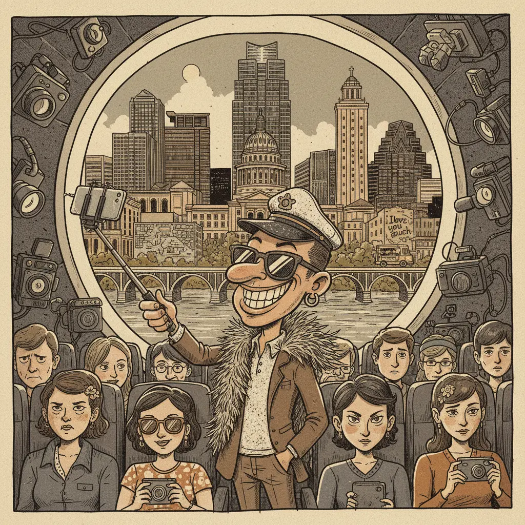 Editorial illustration: HOBBY AIRPORT PASSENGER ATTEMPTS TO TURN FLIGHT INTO A REALITY SHOW