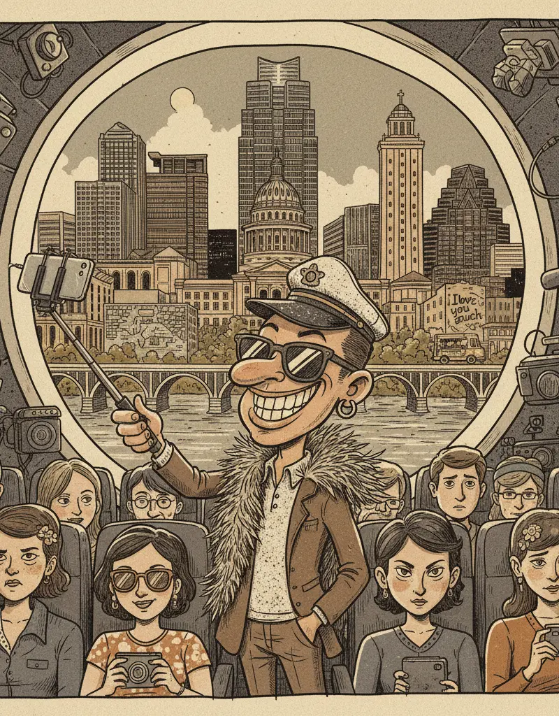 Editorial illustration: HOBBY AIRPORT PASSENGER ATTEMPTS TO TURN FLIGHT INTO A REALITY SHOW