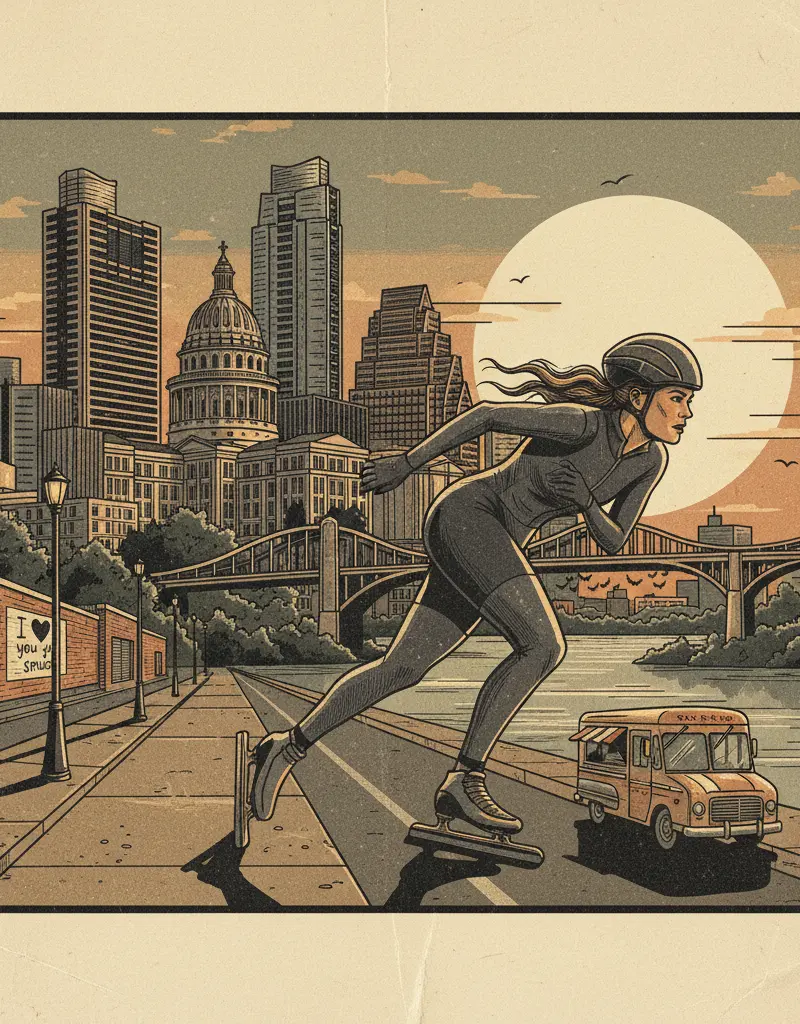 Editorial illustration: BRITTANY BOWE SKATES INTO THE SUNSET, LEAVING US TO PONDER OUR OWN MORTALITY
