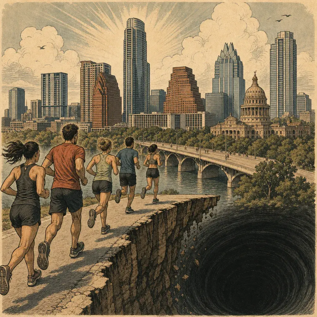 Editorial illustration: WE'RE STILL JOGGING TOWARD THE VOID: AUSTIN IS NO. 2 FITTEST CITY IN TEXAS, NO. 28 NATIONALLY (AMERICAN FITNESS INDEX 2026)