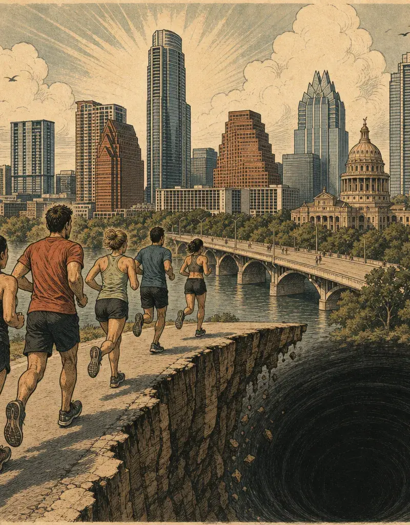 Editorial illustration: WE'RE STILL JOGGING TOWARD THE VOID: AUSTIN IS NO. 2 FITTEST CITY IN TEXAS, NO. 28 NATIONALLY (AMERICAN FITNESS INDEX 2026)