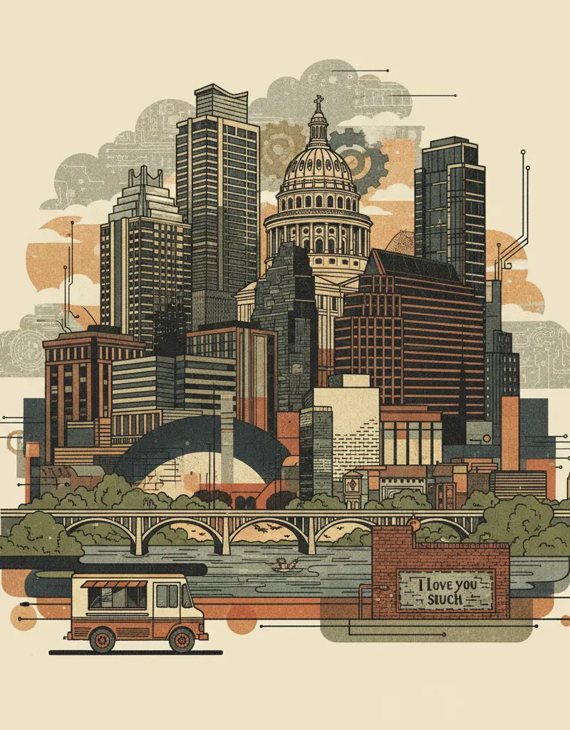 Editorial illustration: AUSTIN'S IT OVERHAUL: BECAUSE COMPUTERS ARE HARD, DEMOCRACY IS HARDER