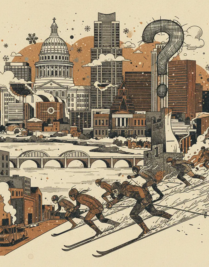 Editorial illustration: WATCH AMERICA CHASE A PODIUM IN THE SNOW, QUESTION THE MEANING OF EFFORT