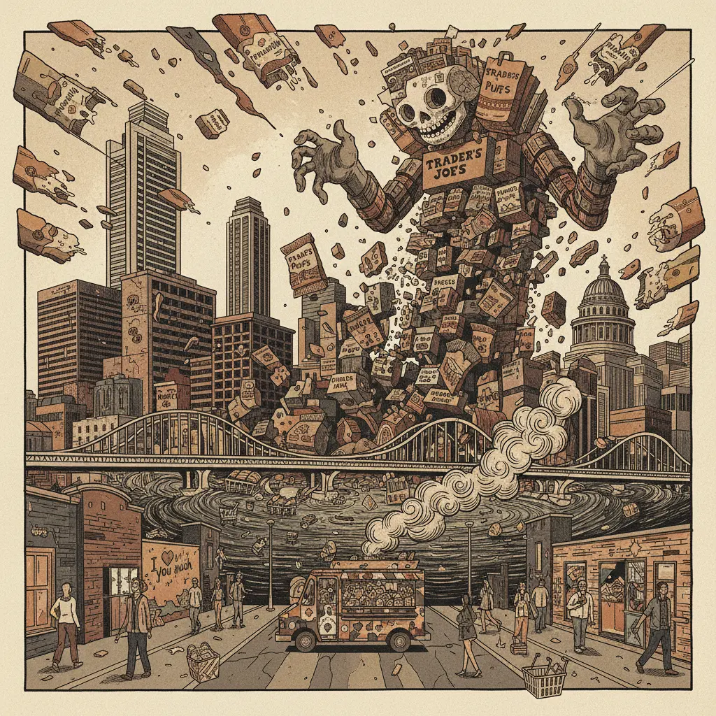 Editorial illustration: TRADER JOE'S EXPANSION: A CULINARY APOCALYPSE OR JUST MORE PARMESAN PUFFS?