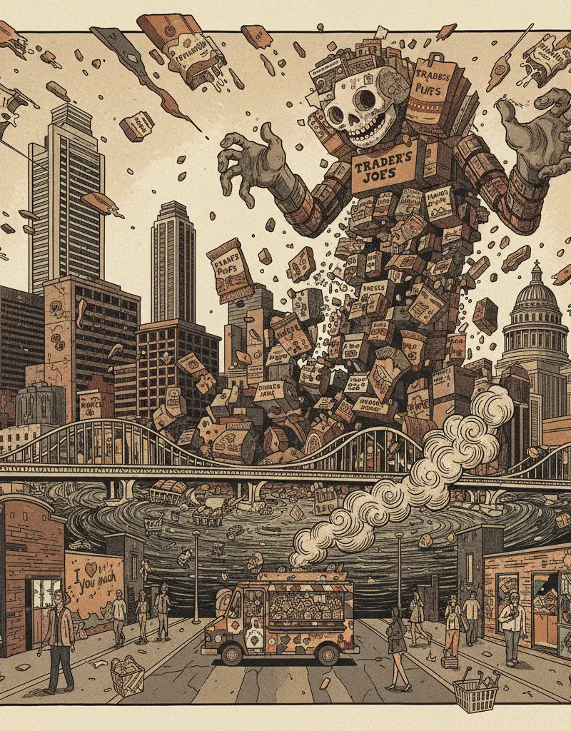 Editorial illustration: TRADER JOE'S EXPANSION: A CULINARY APOCALYPSE OR JUST MORE PARMESAN PUFFS?