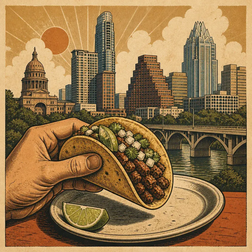 Editorial illustration: TACOS ARE THE ONLY HONEST THING LEFT: ORO BY NIXTA MAKES THE LIST (EATER AUSTIN, TYSON CROCKETT)