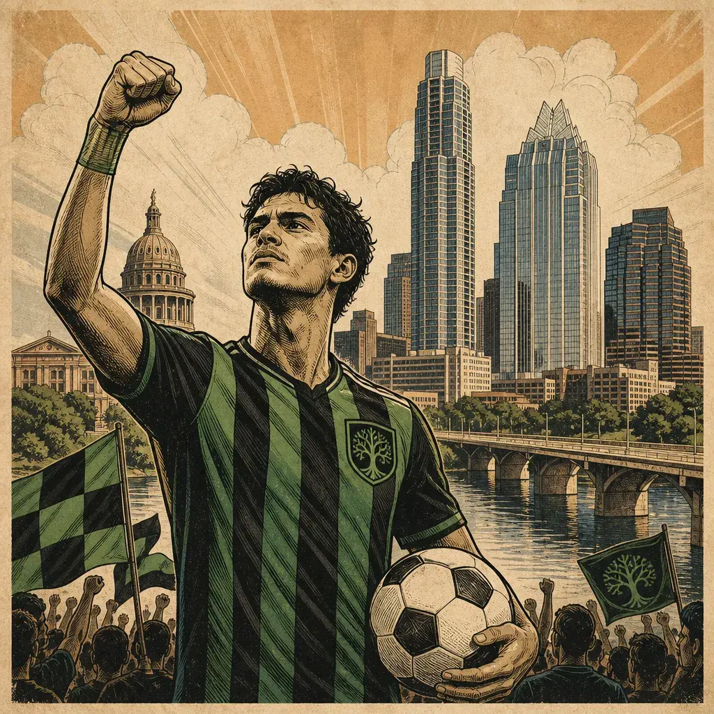 Editorial illustration: NOT DEAD YET, JUST DELAYED: AUSTIN FC TIES FOR TOP RANK IN LEAGUES CUP — 2026