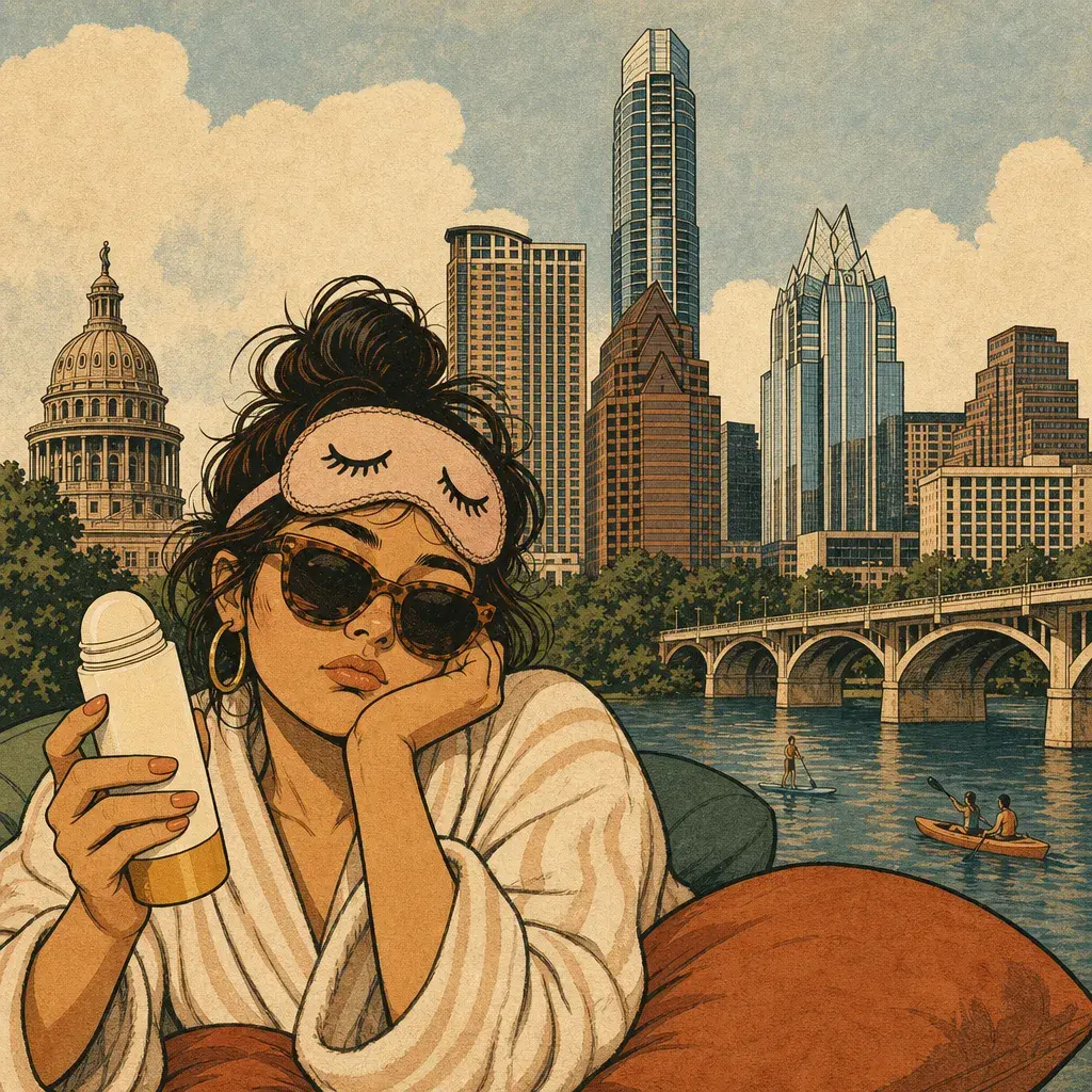 Editorial illustration: SPF FOR PEOPLE WHO LOSE THEIR SKINCARE ROUTINE BY 9AM: LAZYFACE HITS PEOPLES RX IN AUSTIN ON JULY 27