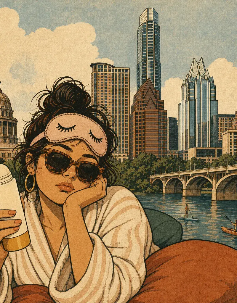 Editorial illustration: SPF FOR PEOPLE WHO LOSE THEIR SKINCARE ROUTINE BY 9AM: LAZYFACE HITS PEOPLES RX IN AUSTIN ON JULY 27