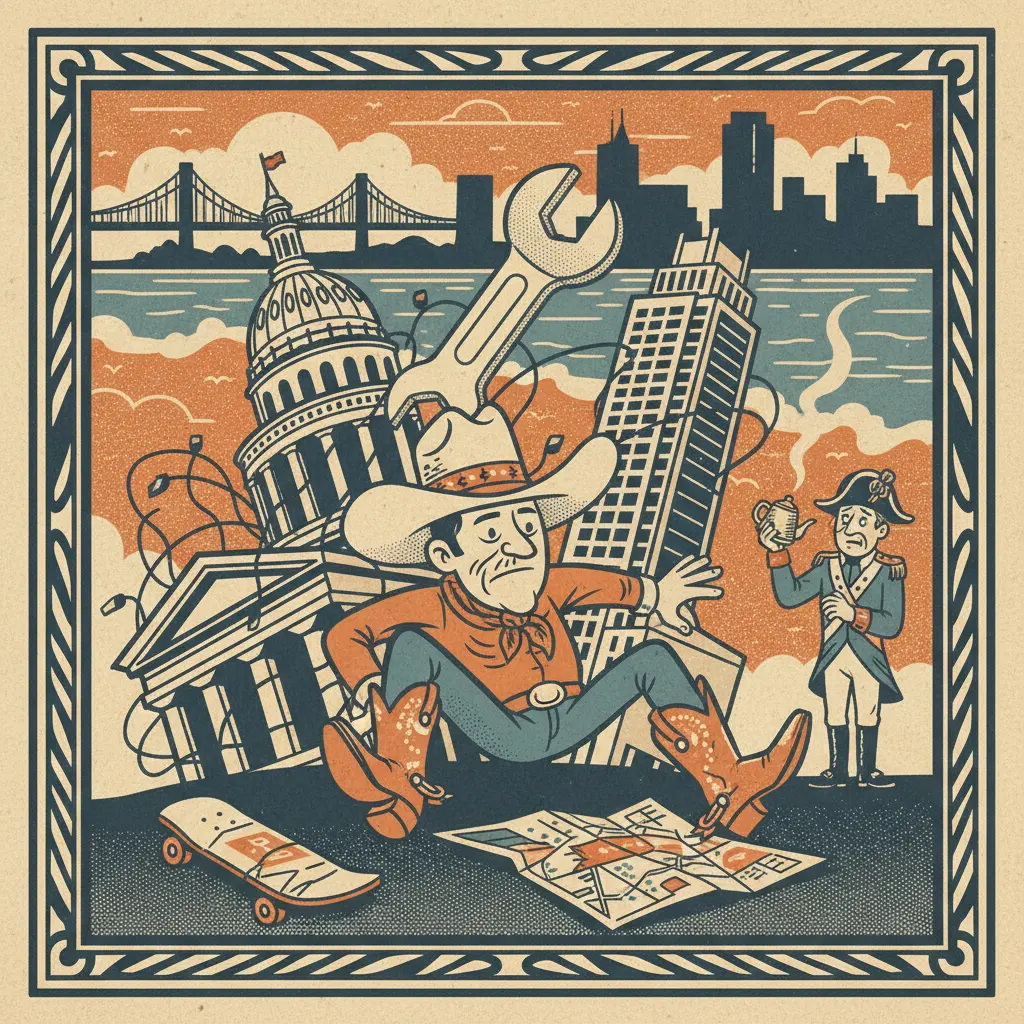 Editorial illustration: AUSTIN BEATS BOSTON (AT CAUSING ITSELF PAIN)