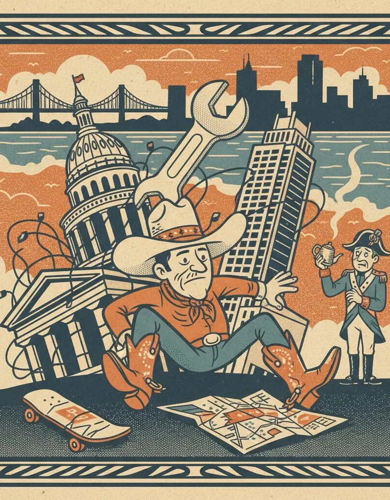 Editorial illustration: AUSTIN BEATS BOSTON (AT CAUSING ITSELF PAIN)