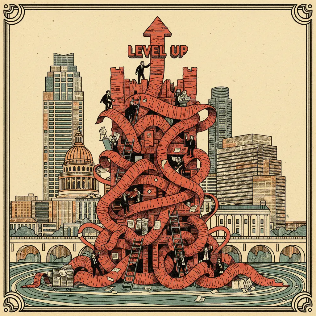 Editorial illustration: BUREAUCRACY LEVELS UP: NOW WITH EXTRA RED TAPE