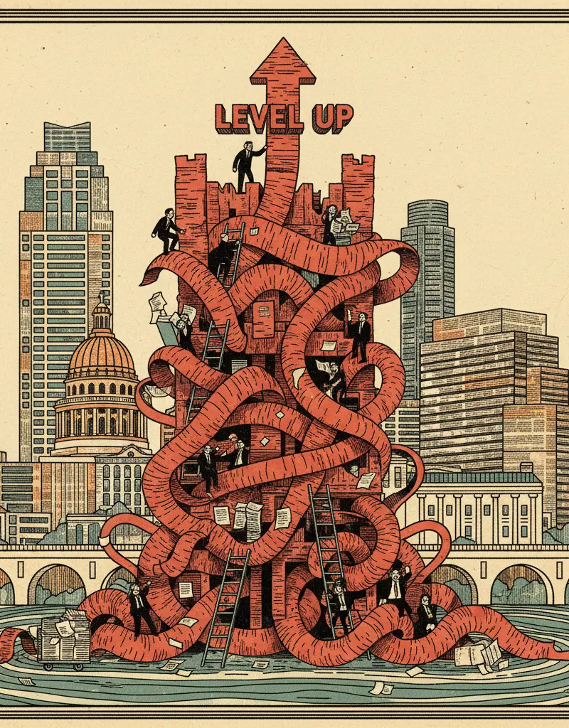 Editorial illustration: BUREAUCRACY LEVELS UP: NOW WITH EXTRA RED TAPE