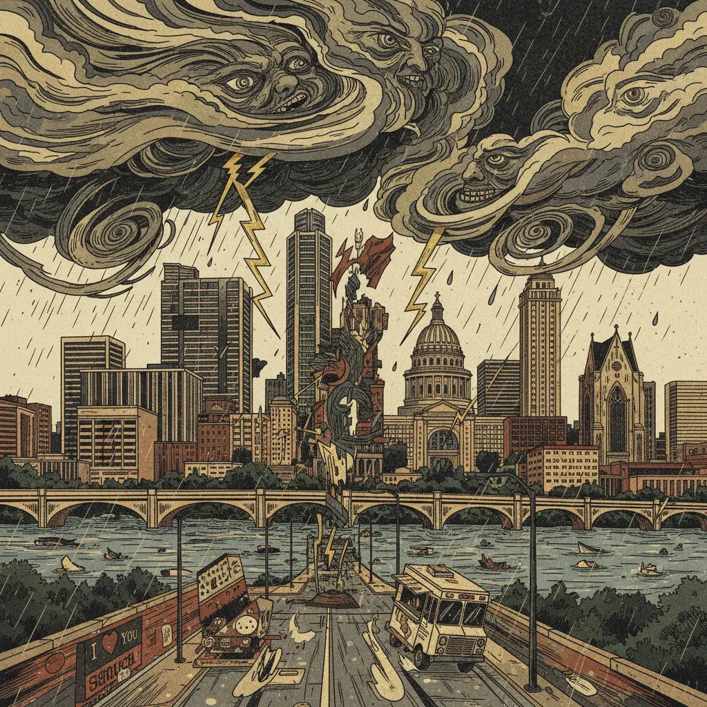 Editorial illustration: NATURE ITSELF IS GASLIGHTING AUSTIN: STORMS EDITION